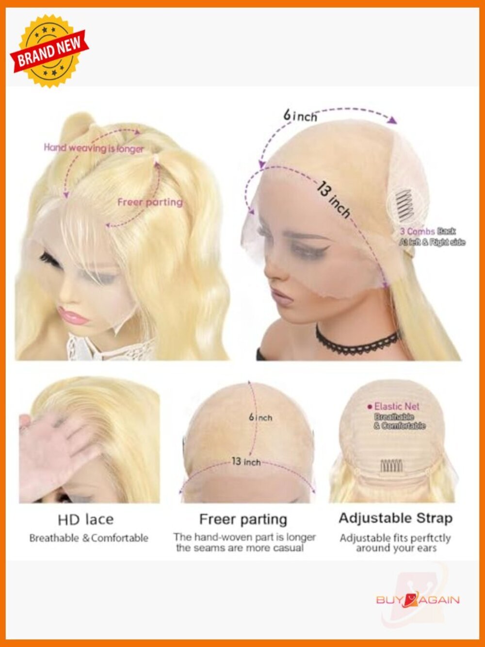 13x6 Lace Front Wig Human Hair Straight 200 Density Pre Plucked with Baby Hair - Picture 4 of 6
